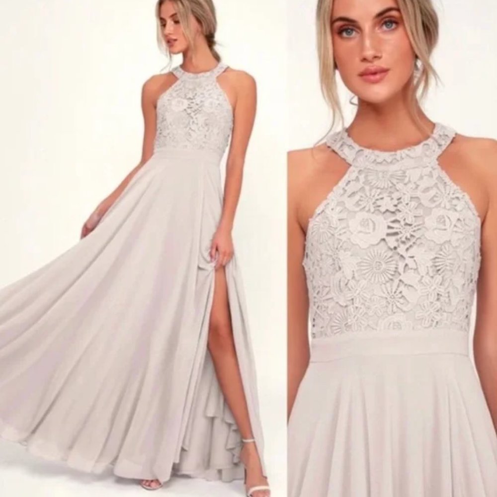 Lulus Picture Perfect Light Grey Lace Maxi Dress